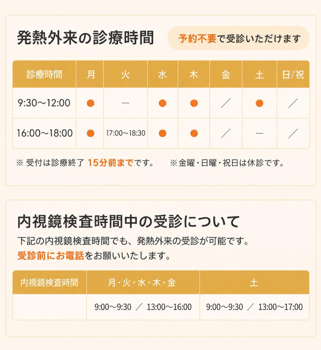 発熱外来の診療時間・内視鏡検査時間中の受診案内